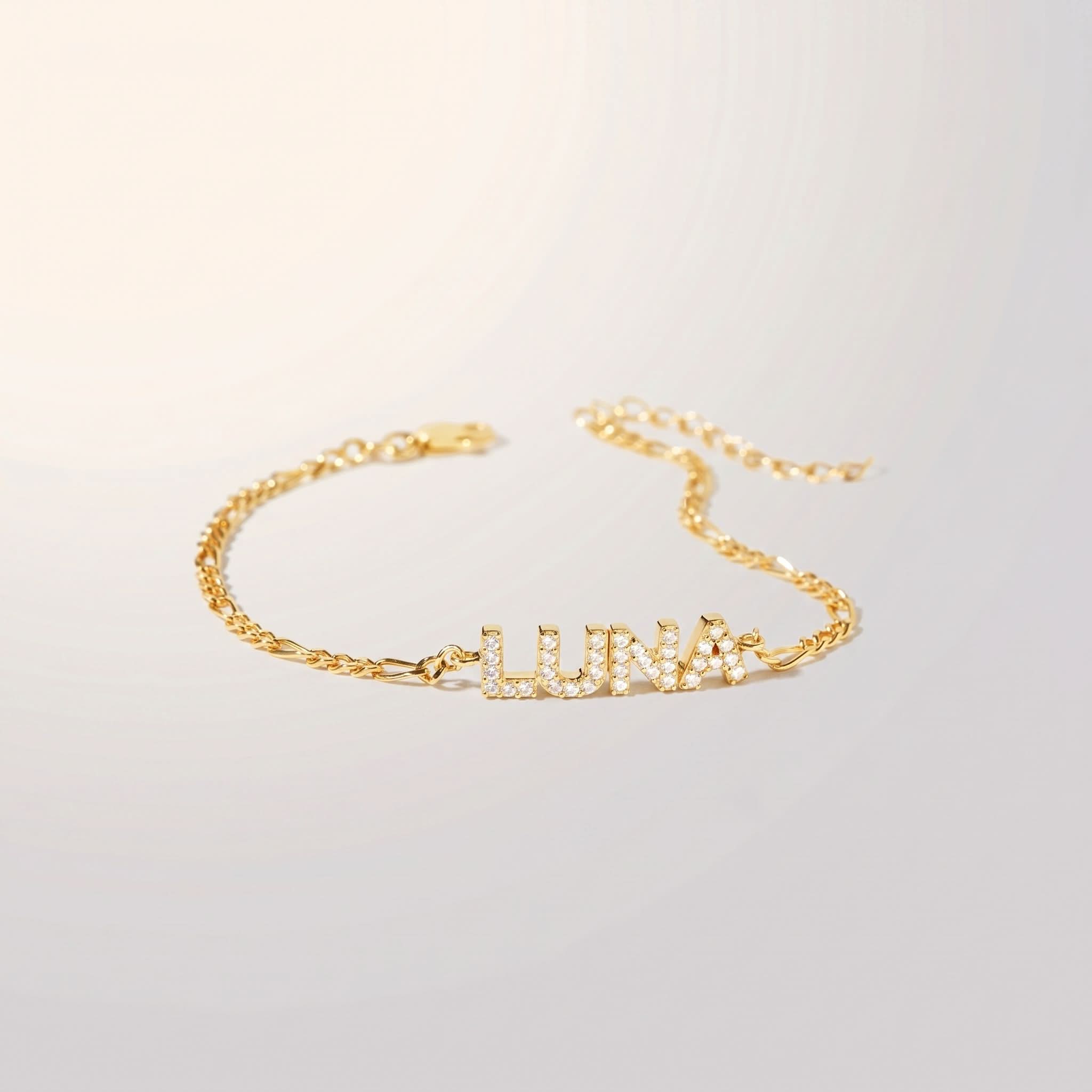 JWH CZ Pave Name Bracelet - Figaro Chain personalized jewelry